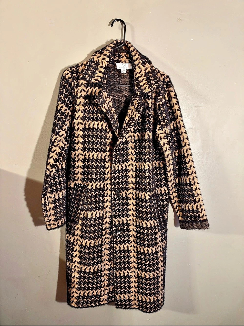 Magaschoni Black Tan Houndstooth Longline Sweater Coat Size M